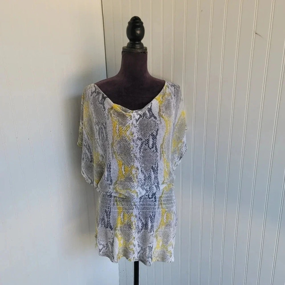 Cache Snake Animal Print Mini Bodycon Kinomo Dress Linen Blend Yellow Gray Sz M - Picture 1 of 13